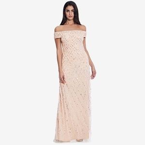 Adrianna Papell Off The Shoulder Sequin w/ Lattice Detail Dress in Shell Size 0